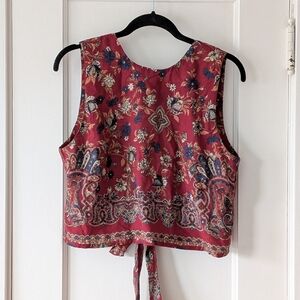 Womens Red Floral Tie-Back Crop Top